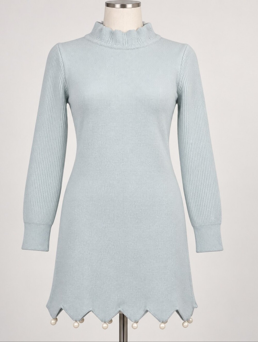 Light Blue Pearl Scallop Knit Sweater Dress Women’s Small